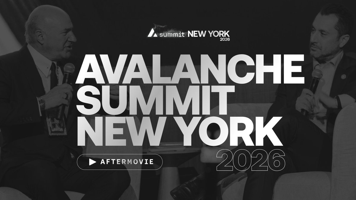 The black and white promotional image for the "AVALANCHE SUMMIT NEW YORK 2026" features an aftermovie button and shows two men in suits holding microphones during what appears to be a panel discussion or fireside chat, visually capturing the kind of speaker engagement moments that made the event memorable. The Summit New York 2026 logo appears in the upper right corner.