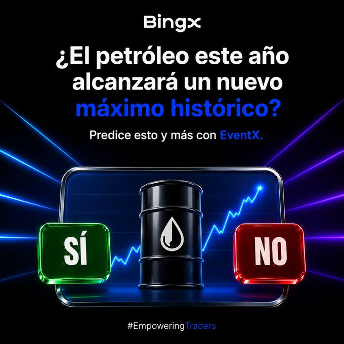 A BingX promotional graphic asks in Spanish whether oil ("¿El petróleo este año alcanzará un nuevo máximo histórico?") will reach a new all-time high this year, inviting users to predict it and more with EventX. The image features a black oil barrel centered between green "SÍ" and red "NO" buttons, with an upward-trending chart and the hashtag #EmpoweringTraders.