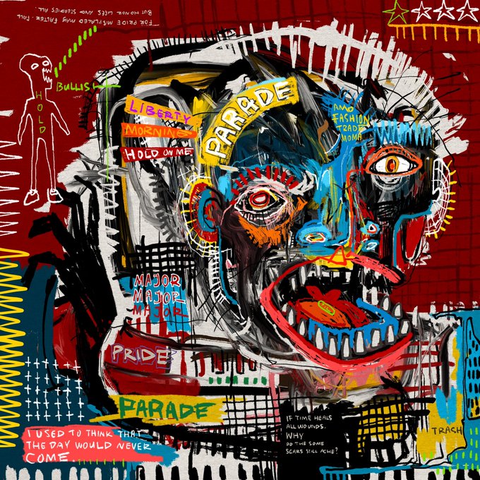 A vibrant, neo-expressionist painting in the style of Jean-Michel Basquiat featuring a distorted screaming face with multicolored features, surrounded by chaotic text including 'PARADE', 'PRIDE', 'LIBERTY', 'HOLD ON ME', 'MAJOR MAJOR', 'BULLISH', 'AMMO FASHION TEARS NOMA', 'I USED TO THINK THAT THE DAY WOULD NEVER COME', and 'IF TIME HEALS ALL WOUNDS WHY DO THE SAME SCARS STICK ACHE?'.