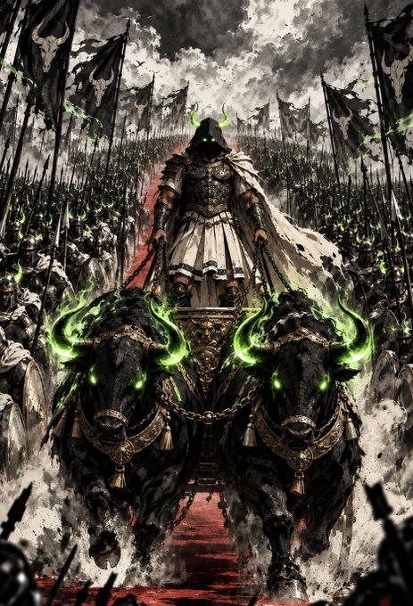A dark fantasy illustration of a horned, cloaked warlord standing on a chariot pulled by two massive black oxen with glowing green horns and eyes, surrounded by an army carrying banners.