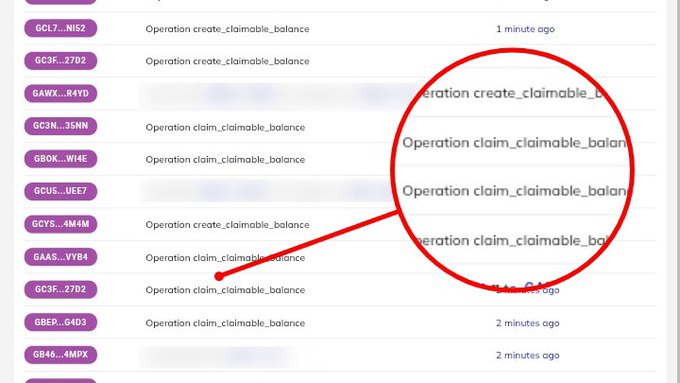 A Pi blockchain explorer log showing a flurry of operations—create_claimable_balance and claim_claimable_balance—occurring within the last 1-2 minutes, with a red circle highlighting the recurring claim_claimable_balance activity, illustrating the sudden surge referenced in the post.