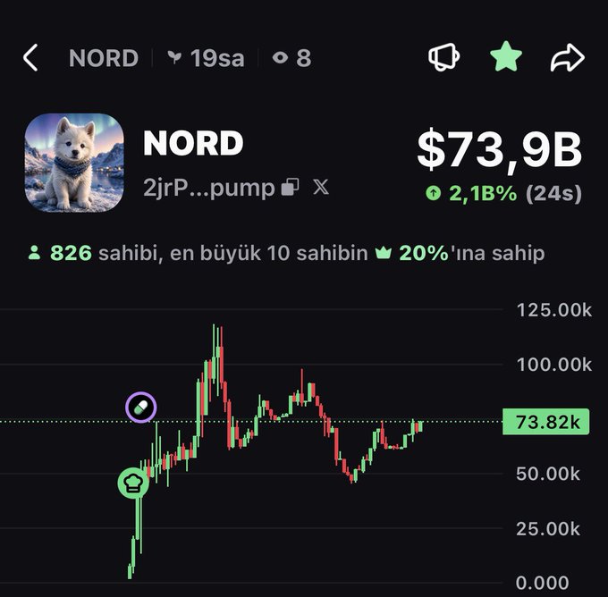 A trading app screenshot displays the meme coin NORD at a market cap of $73.9B, up 2.18% in 24 hours, with 826 holders and a chart showing its recent pump and dip pattern. The caption "EAT THE DIP - IM ADDING MORE" aligns with the visible price recovery in the chart, suggesting the user is buying during the recent pullback from the initial spike.