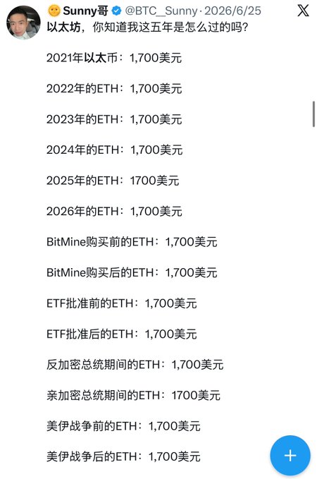 A Twitter/X post by Sunny哥 (@BTC_Sunny) from 2026/6/25 joking about Ethereum being stuck at $1,700 USD from 2021 through 2026 and across various global events in both Chinese text.