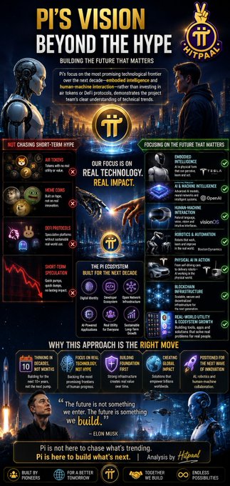 An infographic titled 'PI'S VISION BEYOND THE HYPE' by MitPaul contrasting AI and blockchain hype with real technology focus.