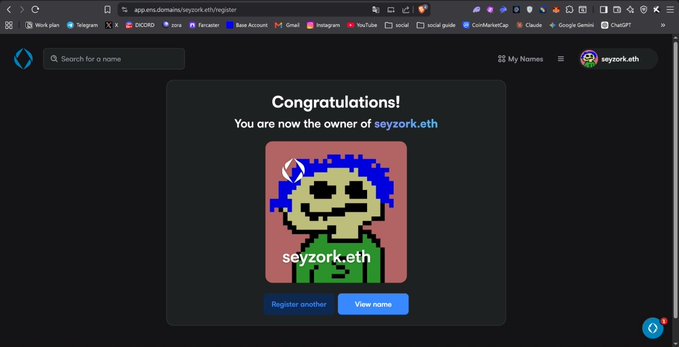 A confirmation page from app.sns.domains shows a "Congratulations!" message declaring the user is now the owner of the **seyzork.eth** ENS domain, featuring a pixel art avatar with blue hair and a green shirt displaying the name. This aligns with the post's theme of personal rebranding and beginning a "new chapter," as claiming a new .eth identity reflects a fresh start and renewed commitment to long-term, disciplined work in the Web3 space.