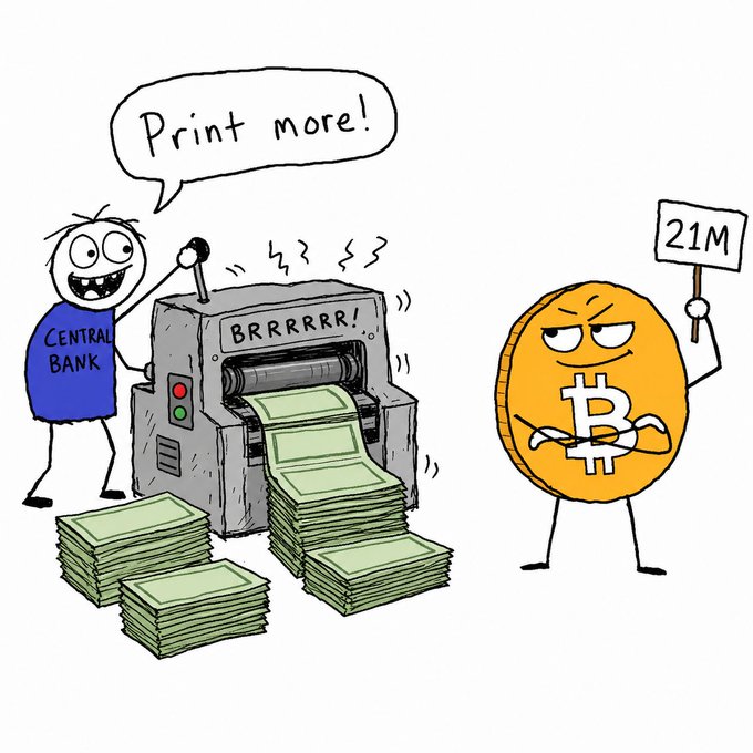 A cartoon illustration depicting a "CENTRAL BANK" character yelling "Print more!" at a money-printing machine, while a Bitcoin character on the right holds a "21M" sign, representing the capped supply.
