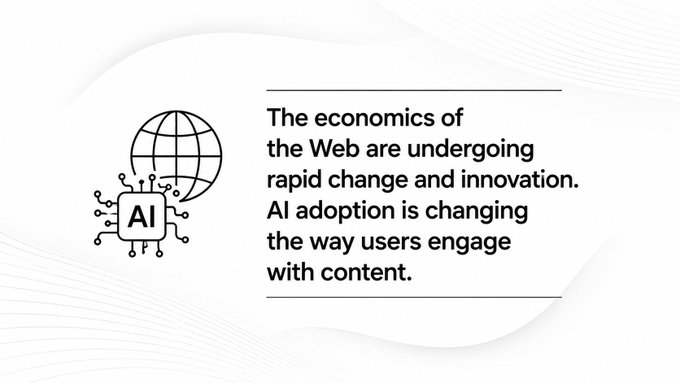 A presentation slide with an AI and globe icon next to text reading: 'The economics of the Web are undergoing rapid change and innovation. AI adoption is changing the way users engage with content.'