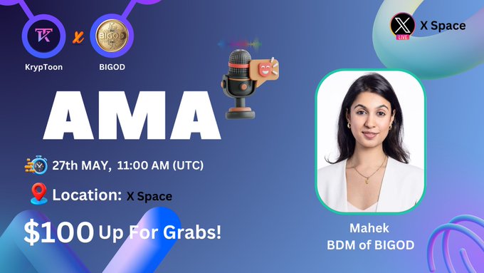 The image features a poster for an event, likely related to cryptocurrency or blockchain technology. The poster includes a photo of a woman wearing a white blouse with a name tag that reads "Maehk BMOD of BIGOD". There are also two coins displayed on the poster - one gold coin and one silver coin. The text on the poster invites people to join the conversation, ask questions about Bitcoin or blockchain technology, and offers a prize pool of $100 for those who participate in the event.
