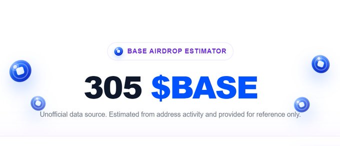 A promotional graphic for a 'Base Airdrop Estimator' displaying '305 $BASE' with a disclaimer that it is unofficial data for reference only.