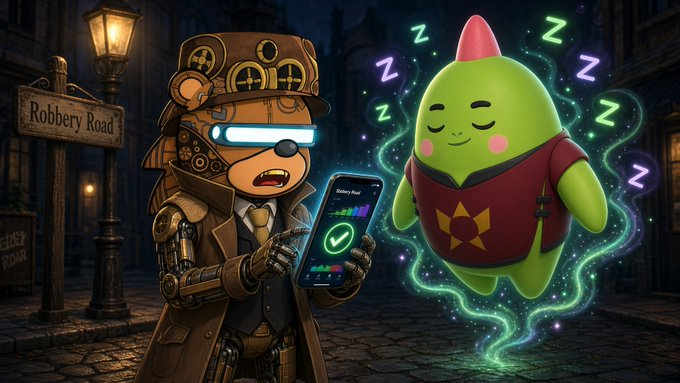 A steampunk bear detective stands on "Robbery Road" holding a "Sleepy Road" phone displaying a checkmark, next to a sleeping, glowing green creature surrounded by "Z"s and the brand "@sleepagotchi." The image illustrates the post's narrative of receiving a helpful note from Sleep Coach to resolve a sleep-related setback.