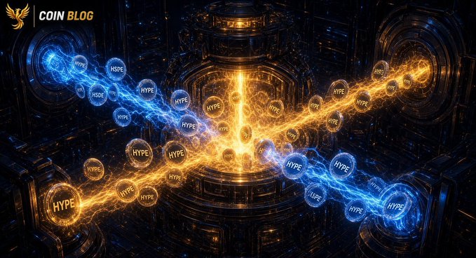 Cryptocurrency promotional graphic with 'COIN BLOG' branding showing interconnected glowing 'HYPE' tokens in blue and orange against a futuristic metallic background.