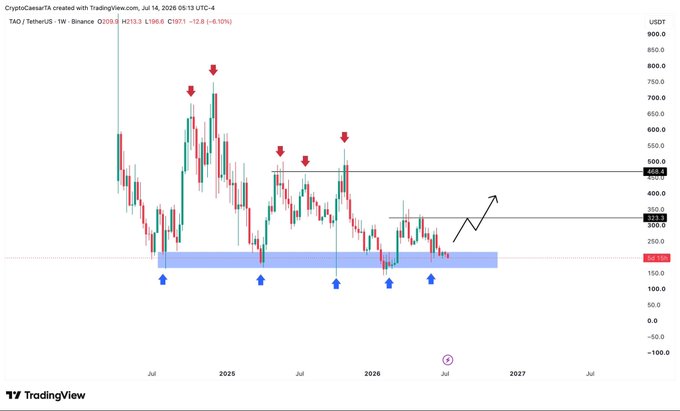 A weekly candlestick chart of TAO/USDT (Bittensor) on Binance shows the price trading at $213.6, having retraced back into a highlighted blue support zone around $200-300, with annotated black arrows pointing toward a potential rally toward the $400-490 resistance level. The post expresses a bullish sentiment, as the price returning to this historically significant accumulation zone (marked by blue upward arrows) reinforces a buying opportunity.