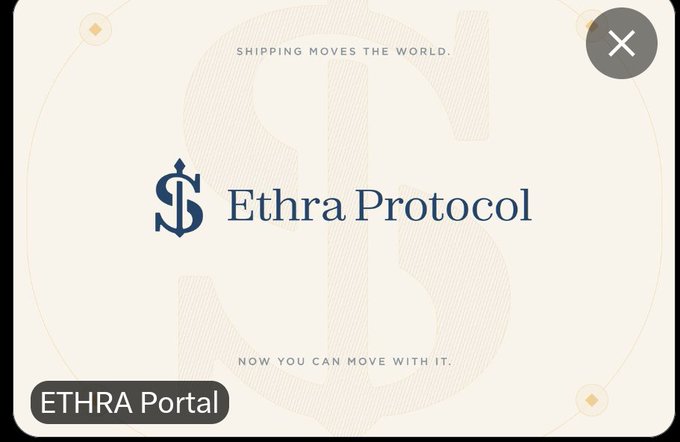 Promotional card for Ethra Protocol with the tagline 'Shipping Moves the World, Now You Can Move With It' and an 'ETHRA Portal' button.