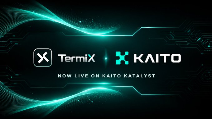 The image displays the TermiX and KAITO logos side by side with the announcement "NOW LIVE ON KAITO KATALYST" against a teal, tech-inspired background, visually promoting TermiX's launch on the Kaito Katalyst campaign.