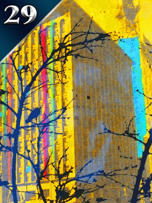 Silhouettes of bare tree branches overlap against a textured yellow building with colorful vertical stripes, with the number '29' displayed in the upper left corner.