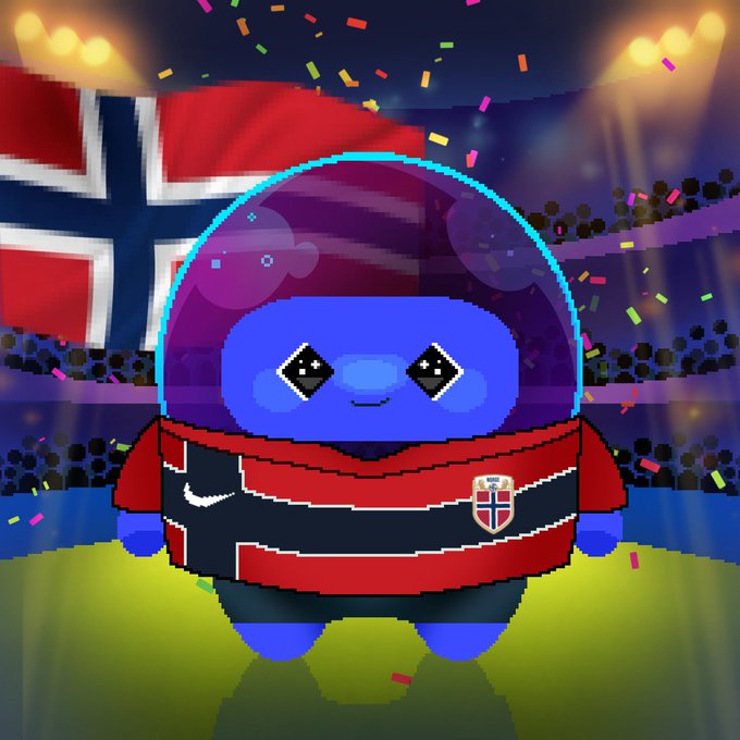 The image features a blue-skinned robot wearing a red shirt with a white cross on it, standing against a dark background that includes confetti and lights. The text "Dlicom World Cup Collection #10 next stop: Norway" suggests that this robot is part of an art project or collection related to the Dlicom World Cup. The post also mentions that the robot should be next in line for the new generation, which implies that it might represent a specific country or team from the Dlicom World Cup.