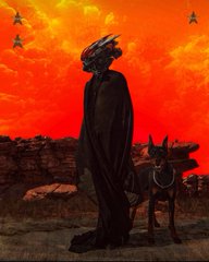 A hooded, shadowy figure stands with a horned dog beside them against a fiery red and orange sunset landscape, with silhouettes of flying ships in the sky.
