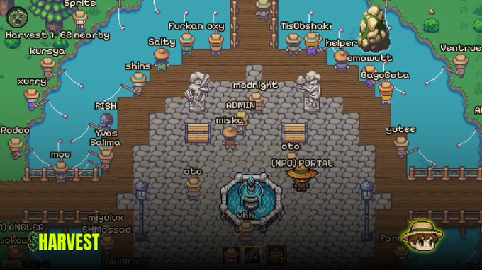 A screenshot from the game Growtopia, showing a fishing area called 'HARVEST' with numerous players fishing and a central portal surrounded by wooden docks.