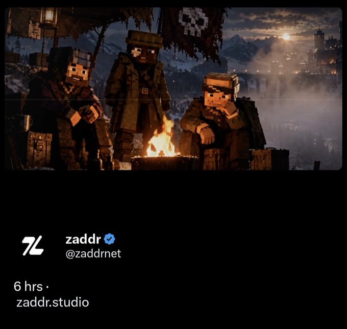 A tweet from @zaddrnet posted 6 hours ago featuring a Minecraft-style scene of three pixelated characters gathered around a campfire at dusk, with a link to zaddr.studio. The image complements the post's reflection on a Zec network NFT that surged in value from $2,200 to $3k, capturing the contemplative, campfire-storytelling mood as the author reassesses their bearish outlook.