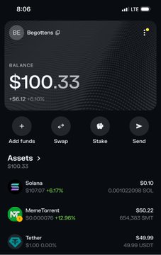 A mobile cryptocurrency wallet app screenshot shows a balance of $100.33 in the Begottens wallet, with assets including Solana ($10.07), MemeTorrent ($50.22), and Tether ($49.99).