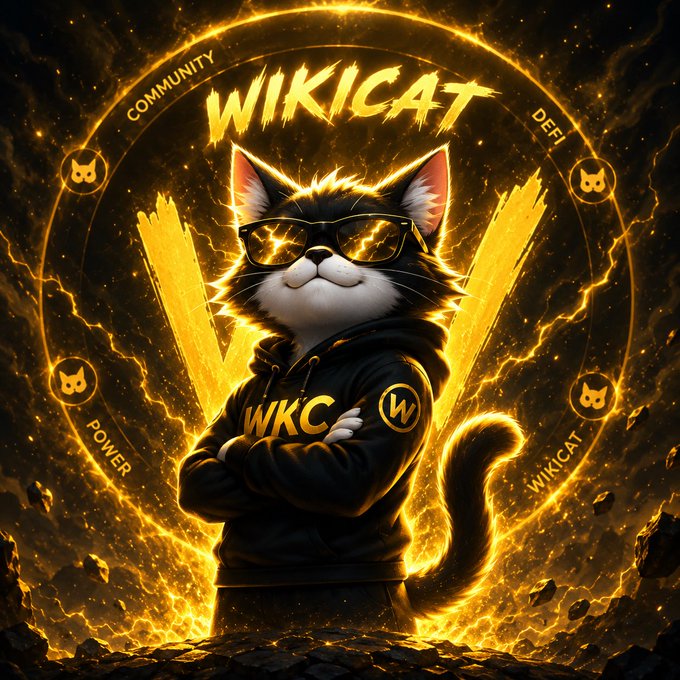 A digital illustration featuring a cat wearing sunglasses and a black hoodie with 'WKC' text, surrounded by a glowing golden ring reading 'COMMUNITY', 'DEFI', 'POWER', and 'WIKICAT'.