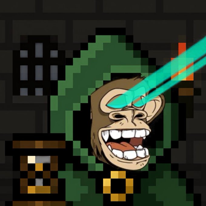 A pixel-art meme features a laughing monkey head with teal laser beams shooting from its eyes against a dark grid background.