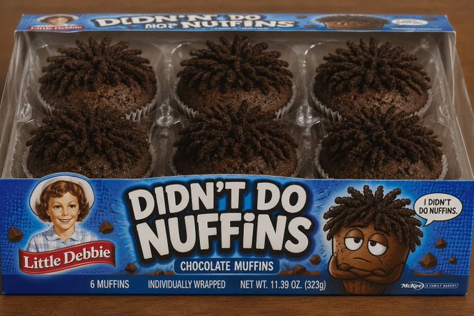 A box of Little Debbie "Didn't Do Nuffins" Chocolate Muffins featuring a cartoon character with dreadlocks saying "I DIDN'T DO NUFFINS," containing 6 individually wrapped muffins weighing 11.39 oz (323g). The image humorously relates to the post by showcasing the brand name "Little Debbie" alongside the "Didn't Do Nuffins" slogan, playing on the slang "nuffins" (nothing) often used in crypto/meme culture.