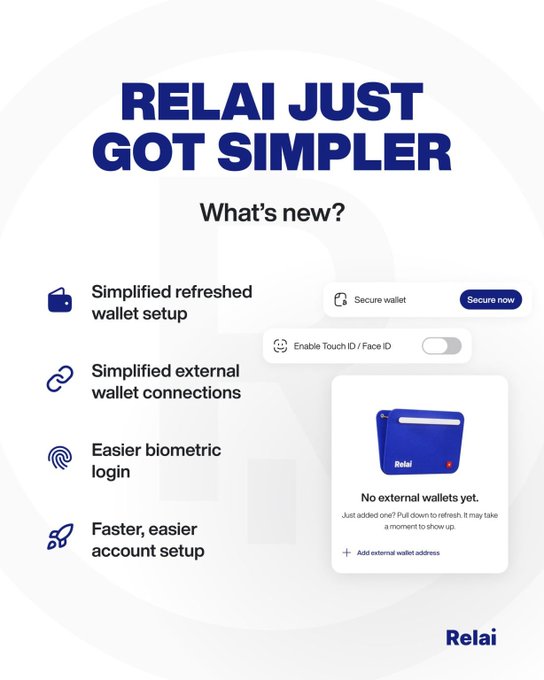 A promotional graphic for the Relai app with the text "RELAI JUST GOT SIMPLER" listing new features like "Simplified refreshed wallet setup" and "Easier biometric login".
