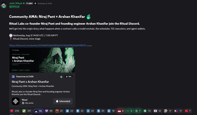 A screenshot of a Discord announcement from 'Josh | Ritual' promoting a 'Community AMA: Niraj Pant x Arshan Khanifar' on Ritual Discord, featuring an event graphic and participation details.