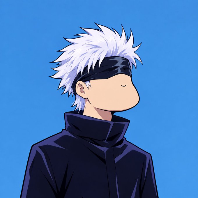 A cartoon-style character with spiky white hair and a black blindfold wears a dark high-collared outfit against a solid blue background.