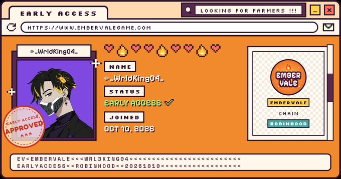 A retro computer-window interface designed like a web browser displaying an early access profile for '@_WrldKing04_' joining Embervale Chain on Robinhood on 'OCT 10, 2028', with the URL 'HTTPS://WWW.EMBERVALEGAME.COM'.