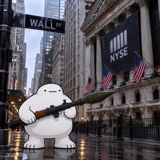 A cartoon white blob character holds a rocket launcher in front of the New York Stock Exchange (NYSE) building, with a Wall Street sign and American flags visible in the background.