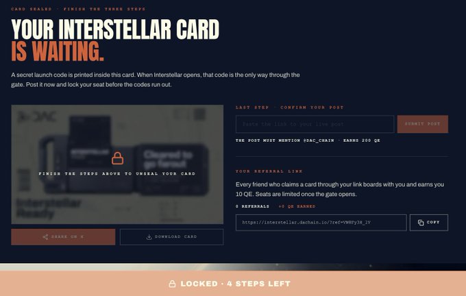 A webpage for 'YOUR INTERSTELLAR CARD IS WAITING' with instructions to claim a launch code, showing steps to finish including confirming a post and a referral link, with 'LOCKED - 4 STEPS LEFT' displayed.