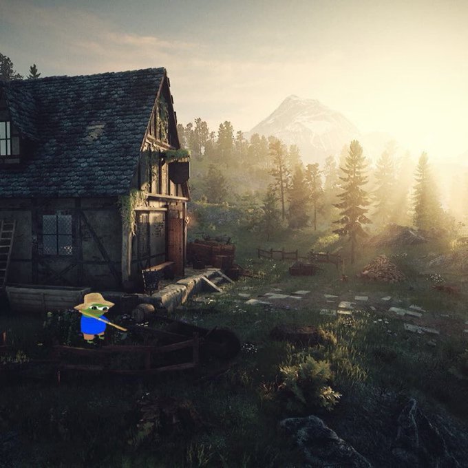 A serene rural landscape scene at sunset featuring a rustic stone and wood cottage, a wooden boat, and an axe embedded in a tree stump, with a snow-capped mountain visible in the misty distance.