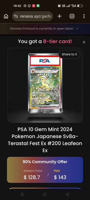 A screenshot from a phone displays a mobile website for 'renaiss.xyz' showing a 'PSA 10 Gem Mint 2024 Pokemon Japanese Sv8a-Terastal Fest Ex #200 Leafeon Ex' trading card with a '90% Community Offer' price of $128.7 and an FMV of $143.