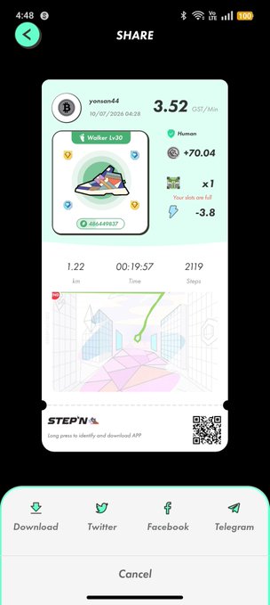 A StepN sneaker card for user 'yonson44' showing a 'Walker Lv30' sneaker, earning 3.52 GST/Min (+70.04), with stats of 1.22 km, 00:19:57 time, and 2119 steps, displayed on a 'SHARE' screen with social media options.