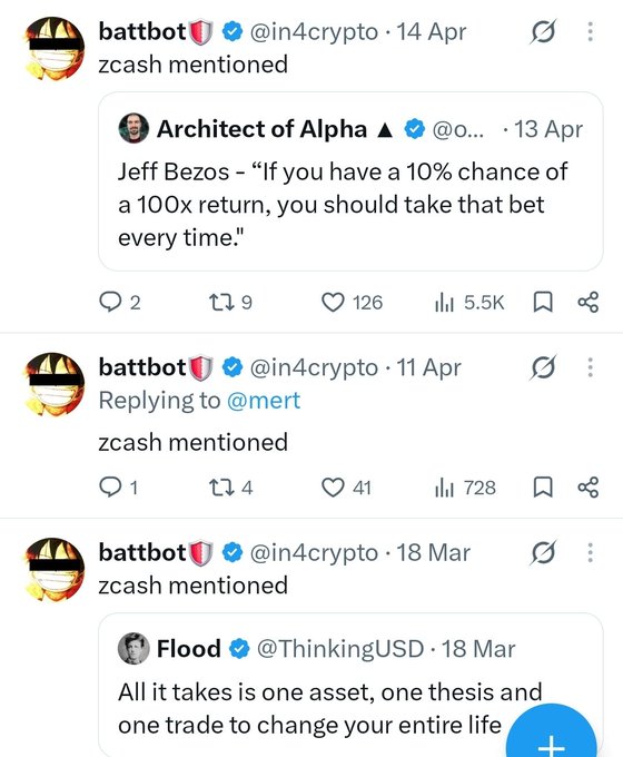 Screenshots of tweets from 'battbot' (@in4crypto) mentioning zcash, including a quote from 'Architect of Alpha' featuring a Jeff Bezos quote about 10% chances of 100x returns.