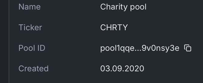 A dark interface displays details for a 'Charity pool' with the ticker 'CHRTY', a Pool ID beginning with 'pool1qqe...9v0nsy3e', and a creation date of '03.09.2020'.