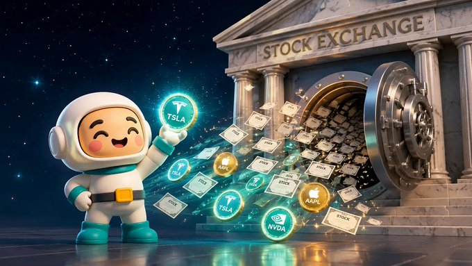 A cartoon astronaut mascot holding up cryptocurrency tokens (TSLA, AAPL, NVDA) next to a Stock Exchange building with an open vault releasing stock tickers into space.