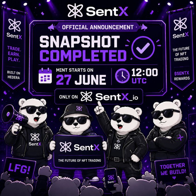 A vibrant purple promotional graphic from SentX announces "SNAPSHOT COMPLETED," with minting scheduled to start on 27 June at 12:00 UTC exclusively on SentX.io, featuring four cool bear mascots in sunglasses and leather jackets celebrating with signs reading "LFG!" and "TOGETHER WE BUILD!" above a cheering crowd.