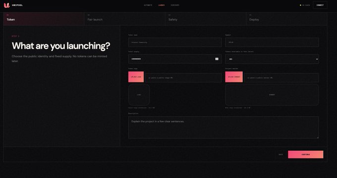 The image shows Step 1 ("What are you launching?") of the Unipool launch flow, a dark-themed token creation interface featuring input fields for token name (e.g., "Arkpool"), symbol (e.g., "UOP"), token supply, and a "LIVE LAUNCH" toggle, accompanied by logo/banner upload boxes and a description field. It visually corresponds to the post by displaying the streamlined setup process the announcement describes—letting users define their token identity, supply, launch allocation, and branding assets in one clean screen.