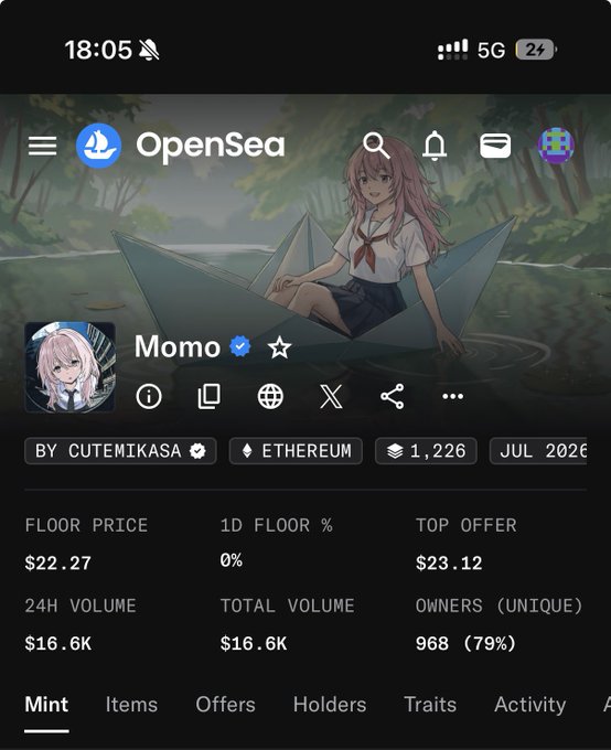 A mobile screenshot of the OpenSea app showing the 'Momo' NFT collection by CUTEMIKASA on Ethereum, with a floor price of $22.27 and 24H volume of $16.6K.