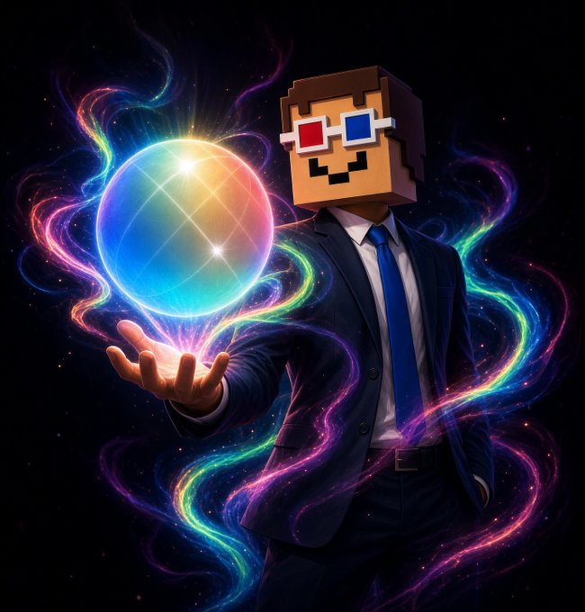 A suited figure wearing a pixel-art orange badge head and 3D glasses holds a glowing orb surrounded by colorful cosmic energy, evoking crypto badge collecting. The “Wen Badge? 👀” post suggests the artwork hints at a new badge or collectible announcement.