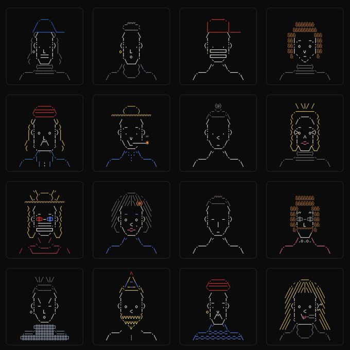 A 4x4 grid displaying 16 stylized, pixel-art style avatar portraits with diverse hairstyles and accessories, rendered in vibrant colors against black backgrounds. The image previews the "Chain Punks" NFT collection, an Ethereum-based project with a supply of 10,000 and a mint price of 0 ETH.