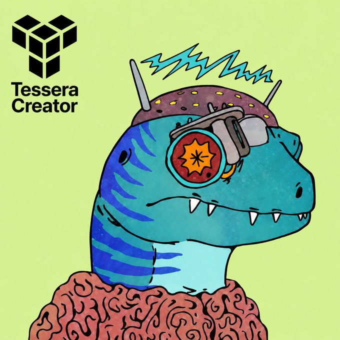 An illustration of a blue dinosaur wearing a brain-shaped helmet with antennae and red goggles, labeled 'Tessera Creator' alongside a logo.