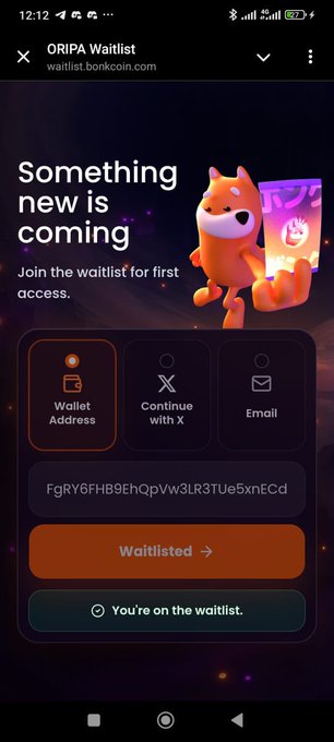The image shows a phone screen displaying an app called "BONKUJI" that is related to trading cards, specifically for the game BONKUJI. The app has a feature where users can join the waiting list for the first step into the trading card game space and connect with other players in the community.