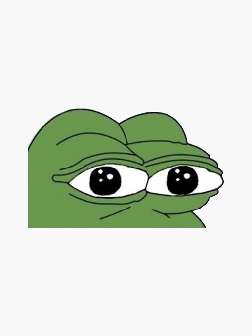 A simple cartoon drawing of a green Pepe the Frog face with large, sad, expressive eyes on a gray background.