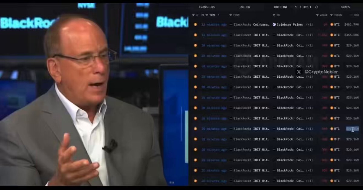 A news reporter is talking about Bitcoin exchange, BlackRock. They are discussing the conversion of all Bitcoin assets into cash as soon as the US market opens up next week. The image shows that there are many Bitcoins being sold at a rapid pace.