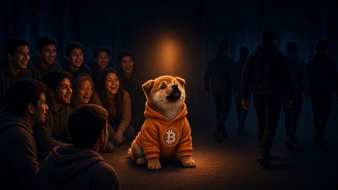 A digital illustration shows a Shiba Inu dog wearing an orange Bitcoin hoodie sitting under a streetlight, surrounded by laughing people on one side and shadowy figures on the other.