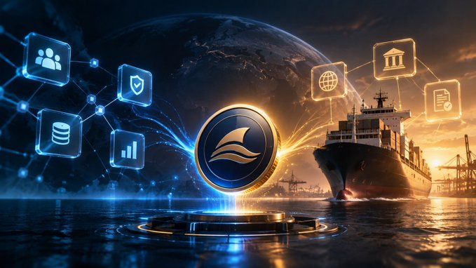 The image features a central golden token emblem flanked by glowing blue blockchain network icons (representing community, security, data, and governance) on the left, and orange maritime symbols alongside a large container ship and port cranes on the right, all set against a dark Earth backdrop. This visualizes the post's message about $SHIP by @EthraShip—a dual-structure ecosystem where the $SHIP token handles community utility, governance, and staking (blue side), while a separate regulated layer provides compliant exposure to real maritime shipping assets (orange side).